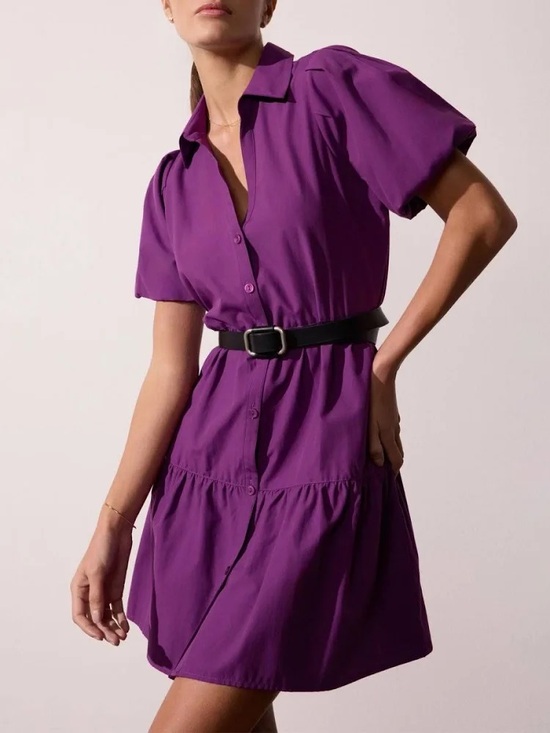 Brochu Walker Dresses & Skirts - Brochu Walker Havana Mini Dress in Purple Cotton Blend Tiered Puff Sleeves Sz M